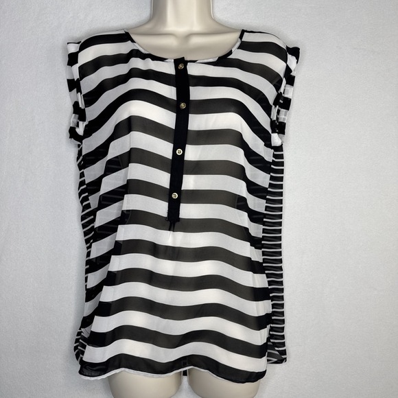 Black & White Tops - LOFT Ann Taylor Sheer Striped Sleeveless Top XS Black White Contrast